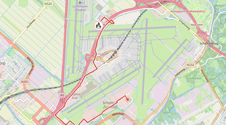 Kaart van de omgeving van de melding, met de kazerne die is gealarmeerd