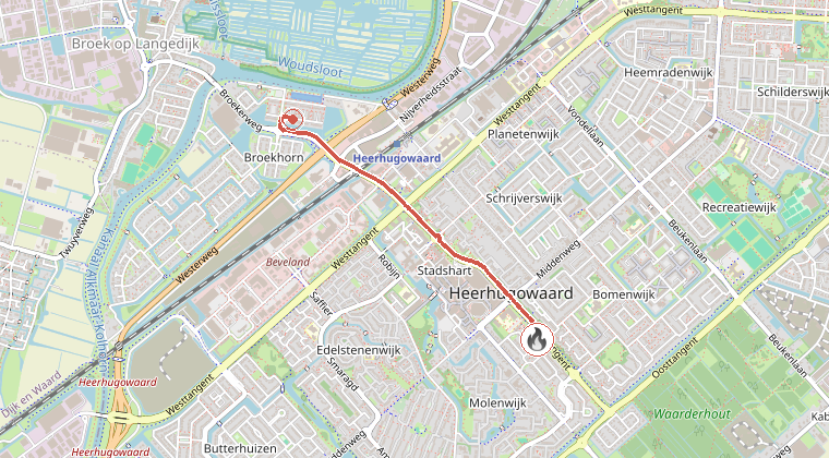 Kaart van de omgeving van de melding, met de kazerne die is gealarmeerd