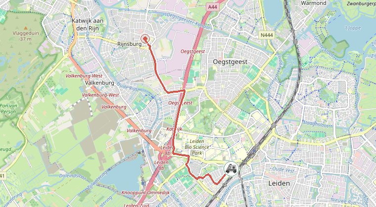 Kaart van de omgeving van de melding, met de kazerne die is gealarmeerd