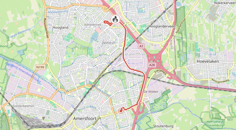 Kaart van de omgeving van de melding, met de kazerne die is gealarmeerd