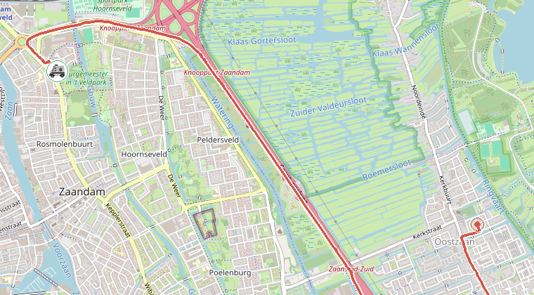 Kaart van de omgeving van de melding, met de kazerne die is gealarmeerd