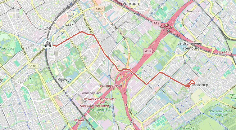 Kaart van de omgeving van de melding, met de kazerne die is gealarmeerd