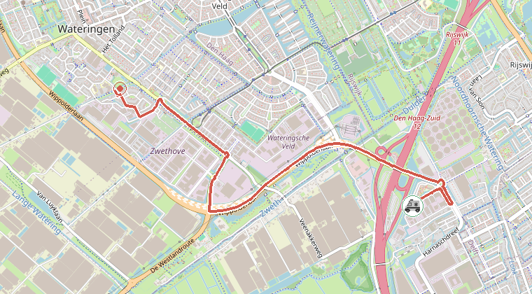 Kaart van de omgeving van de melding, met de kazerne die is gealarmeerd