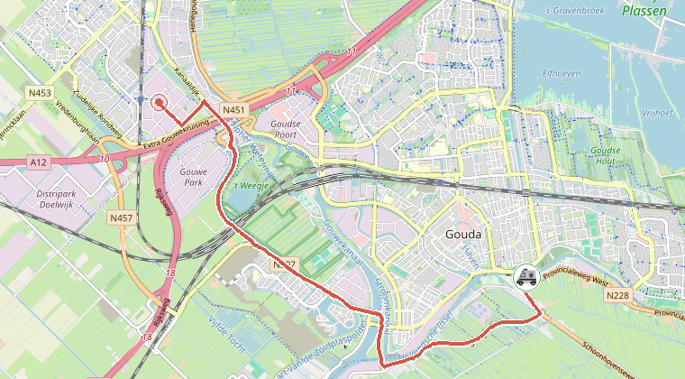 Kaart van de omgeving van de melding, met de kazerne die is gealarmeerd