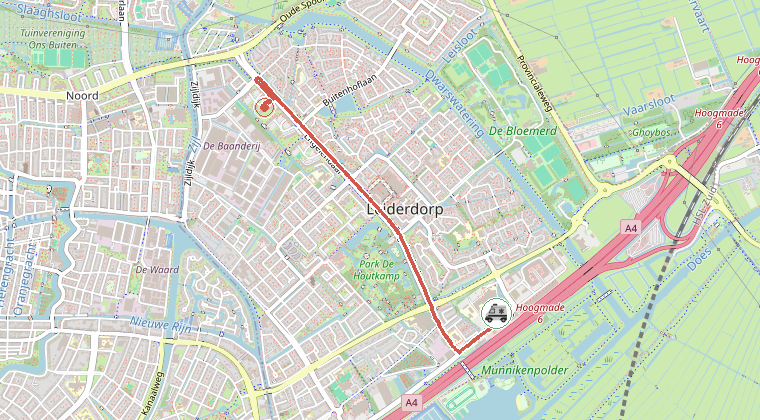 Kaart van de omgeving van de melding, met de kazerne die is gealarmeerd