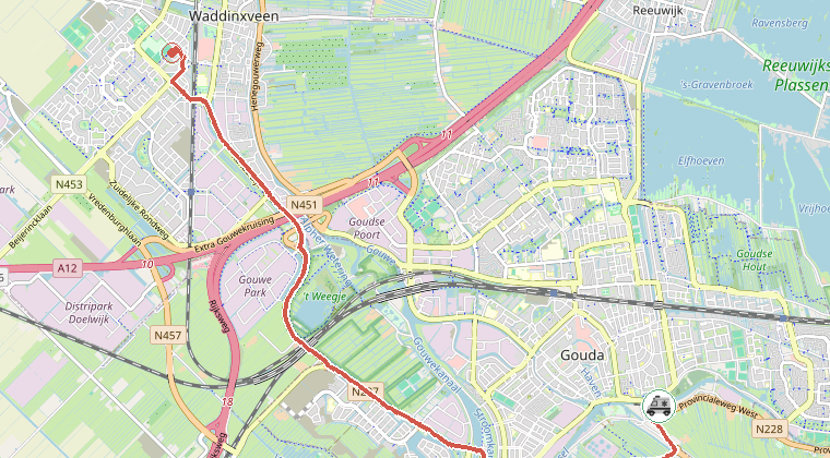 Kaart van de omgeving van de melding, met de kazerne die is gealarmeerd