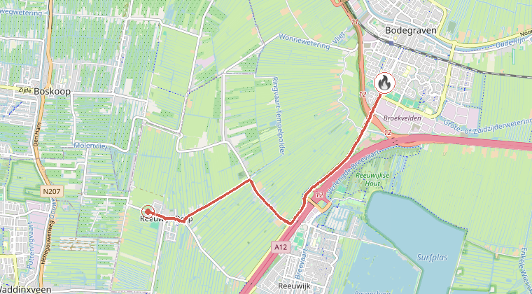 Kaart van de omgeving van de melding, met de kazerne die is gealarmeerd