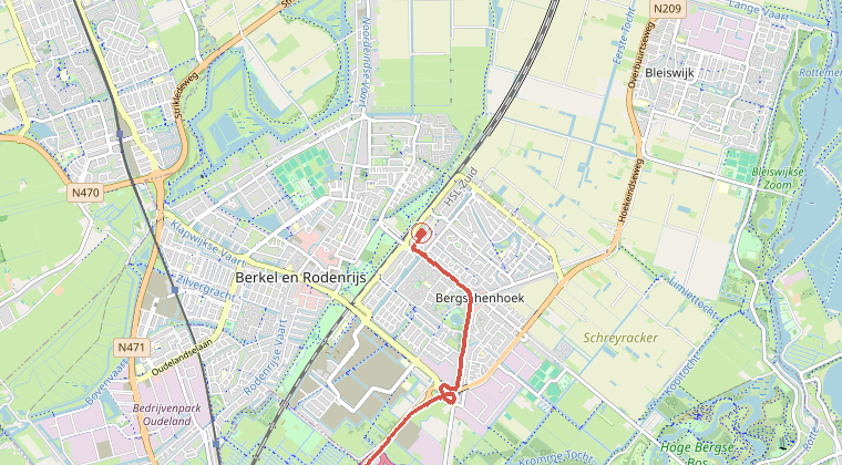 Kaart van de omgeving van de melding, met de kazerne die is gealarmeerd