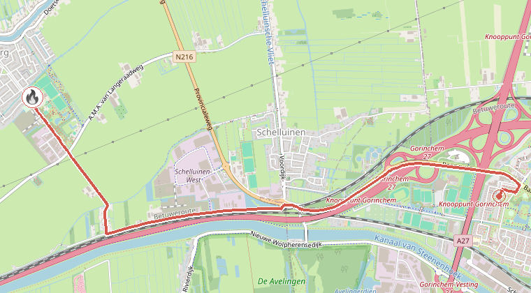 Kaart van de omgeving van de melding, met de kazerne die is gealarmeerd