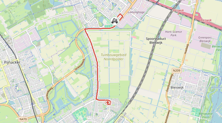 Kaart van de omgeving van de melding, met de kazerne die is gealarmeerd