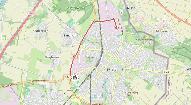 Kaart van de omgeving van de melding, met de kazerne die is gealarmeerd