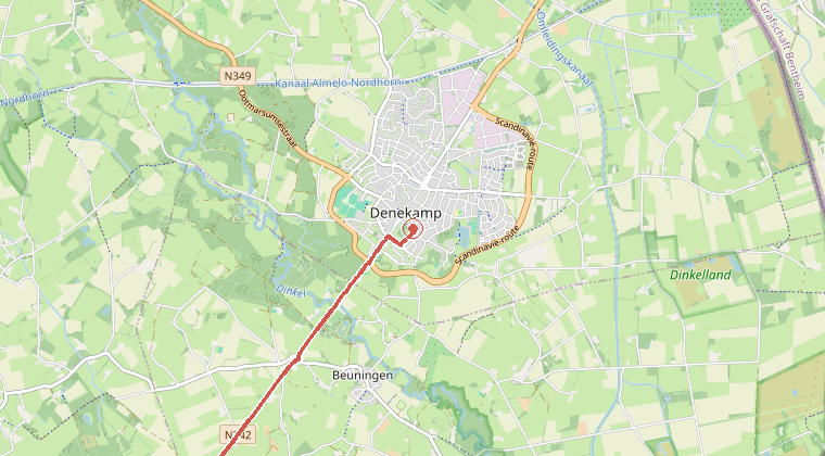 Kaart van de omgeving van de melding, met de kazerne die is gealarmeerd