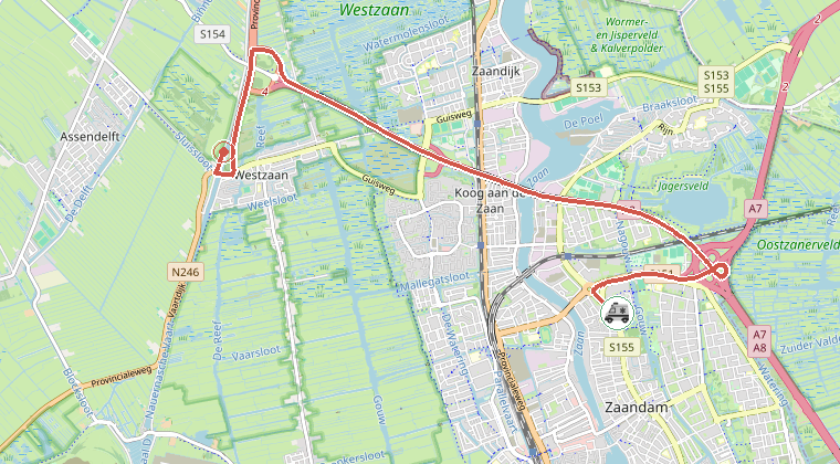 Kaart van de omgeving van de melding, met de kazerne die is gealarmeerd