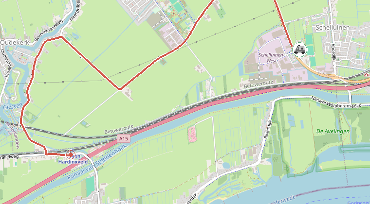 Kaart van de omgeving van de melding, met de kazerne die is gealarmeerd