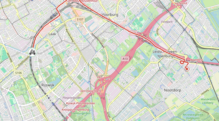 Kaart van de omgeving van de melding, met de kazerne die is gealarmeerd