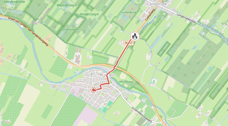 Kaart van de omgeving van de melding, met de kazerne die is gealarmeerd