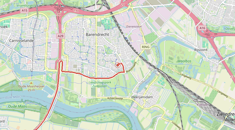 Kaart van de omgeving van de melding, met de kazerne die is gealarmeerd