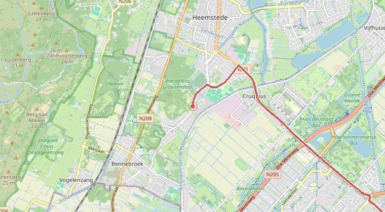 Kaart van de omgeving van de melding, met de kazerne die is gealarmeerd