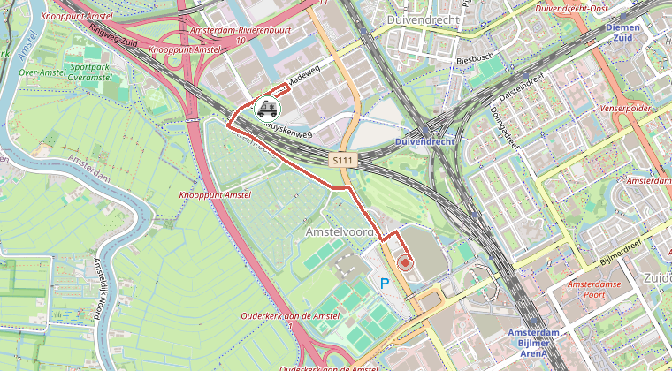 Kaart van de omgeving van de melding, met de kazerne die is gealarmeerd