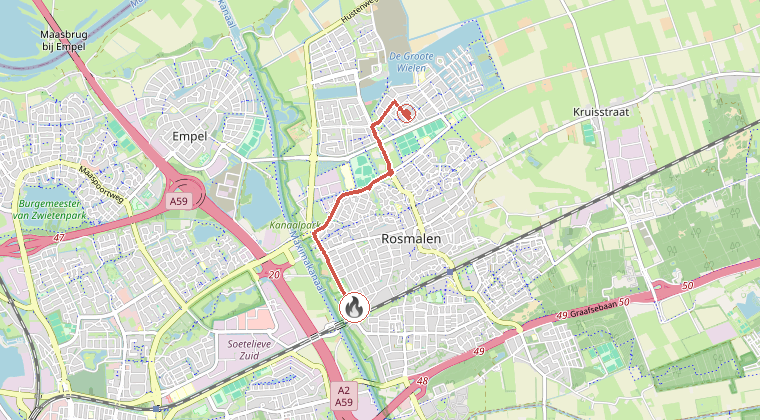 Kaart van de omgeving van de melding, met de kazerne die is gealarmeerd