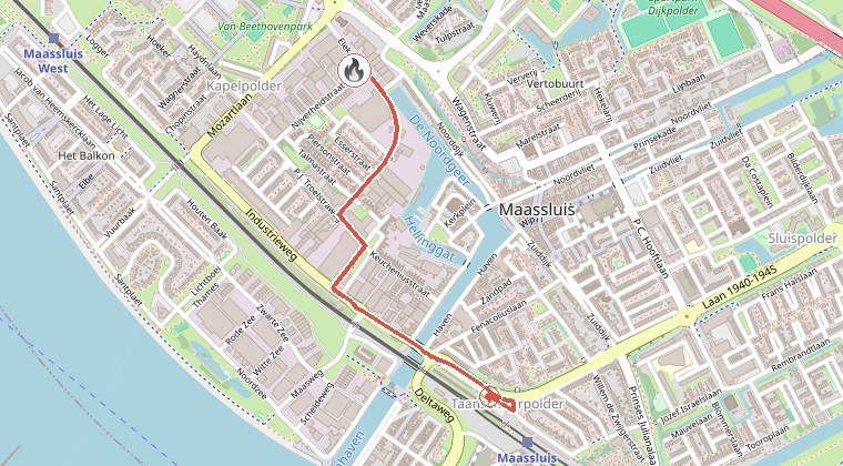 Kaart van de omgeving van de melding, met de kazerne die is gealarmeerd