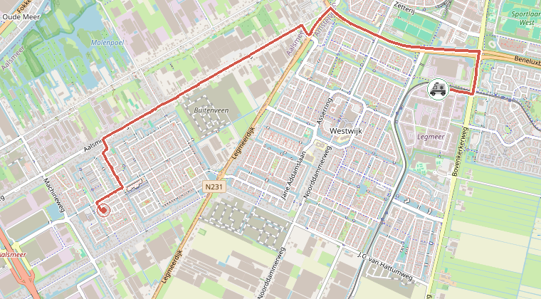 Kaart van de omgeving van de melding, met de kazerne die is gealarmeerd
