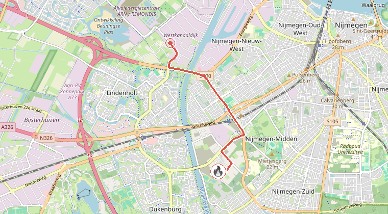 Kaart van de omgeving van de melding, met de kazerne die is gealarmeerd