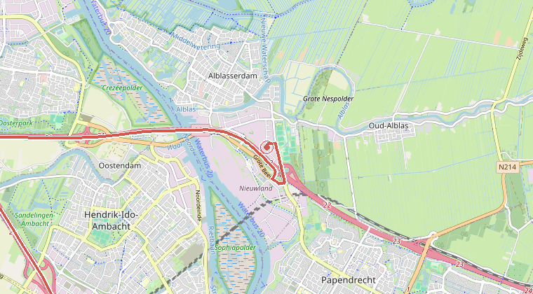 Kaart van de omgeving van de melding, met de kazerne die is gealarmeerd