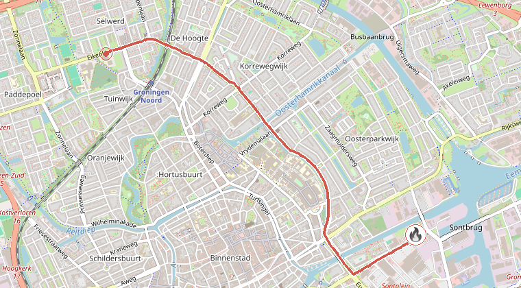 Kaart van de omgeving van de melding, met de kazerne die is gealarmeerd