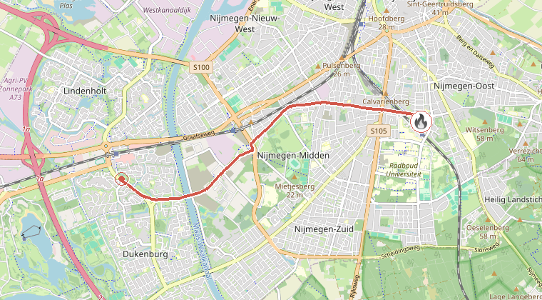 Kaart van de omgeving van de melding, met de kazerne die is gealarmeerd