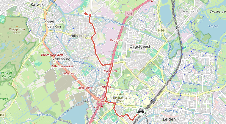 Kaart van de omgeving van de melding, met de kazerne die is gealarmeerd