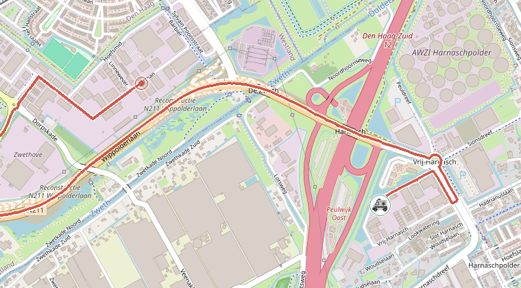 Kaart van de omgeving van de melding, met de kazerne die is gealarmeerd