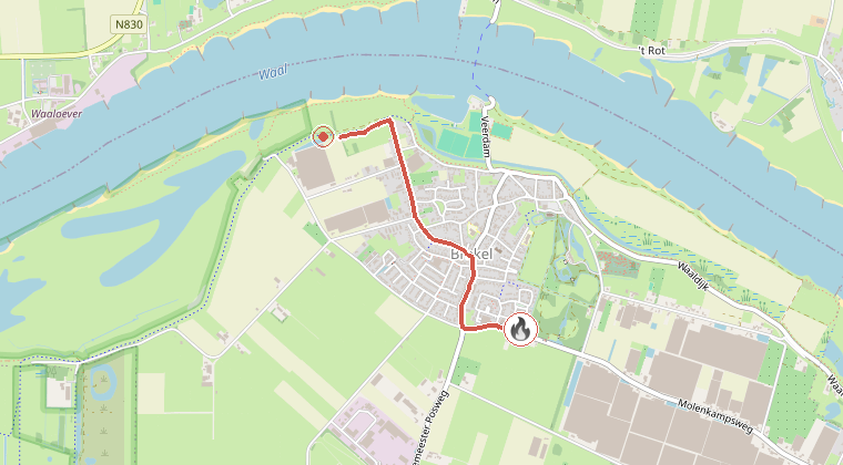 Kaart van de omgeving van de melding, met de kazerne die is gealarmeerd