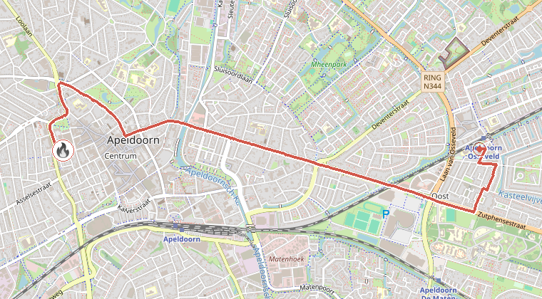 Kaart van de omgeving van de melding, met de kazerne die is gealarmeerd