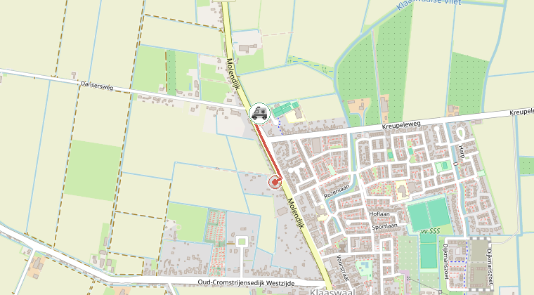 Kaart van de omgeving van de melding, met de kazerne die is gealarmeerd