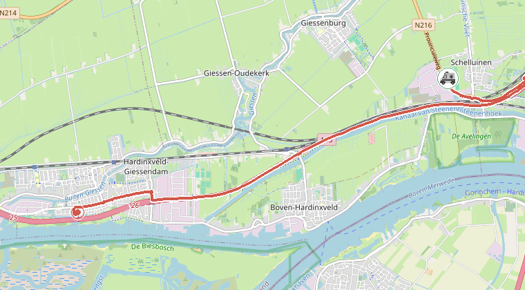 Kaart van de omgeving van de melding, met de kazerne die is gealarmeerd