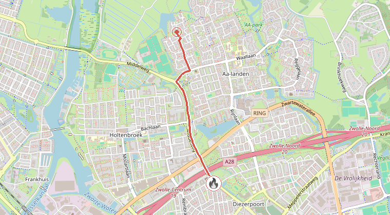 Kaart van de omgeving van de melding, met de kazerne die is gealarmeerd