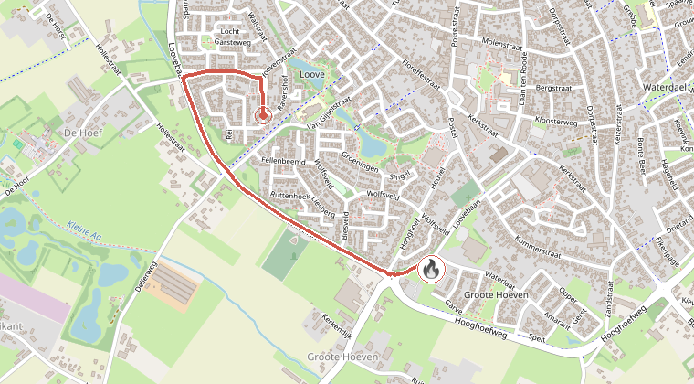 Kaart van de omgeving van de melding, met de kazerne die is gealarmeerd