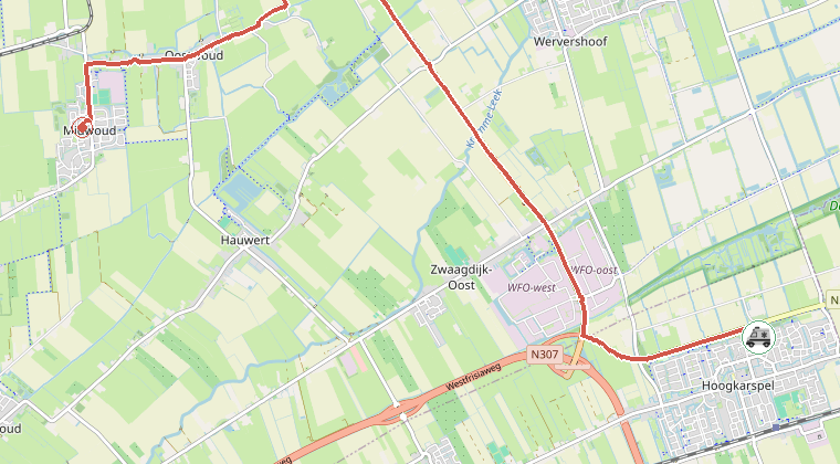 Kaart van de omgeving van de melding, met de kazerne die is gealarmeerd
