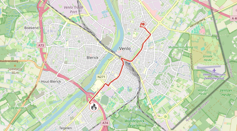 Kaart van de omgeving van de melding, met de kazerne die is gealarmeerd