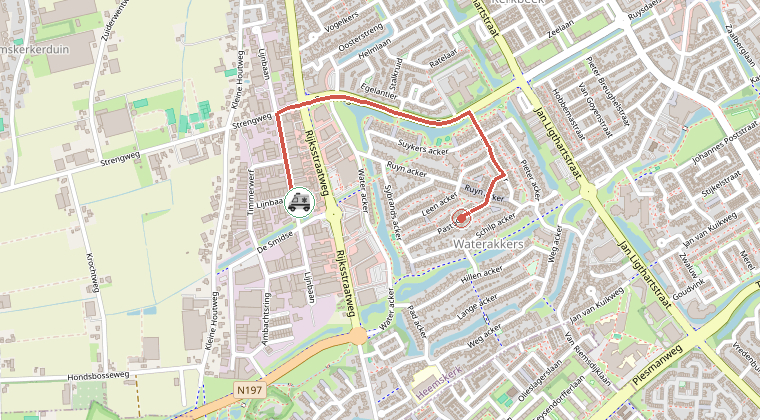 Kaart van de omgeving van de melding, met de kazerne die is gealarmeerd