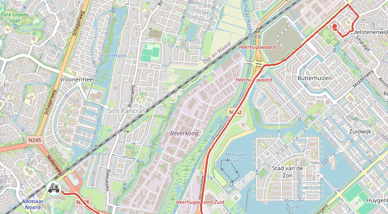 Kaart van de omgeving van de melding, met de kazerne die is gealarmeerd