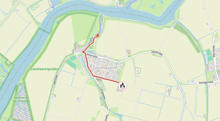 Kaart van de omgeving van de melding, met de kazerne die is gealarmeerd