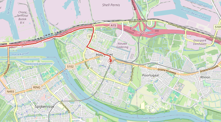 Kaart van de omgeving van de melding, met de kazerne die is gealarmeerd