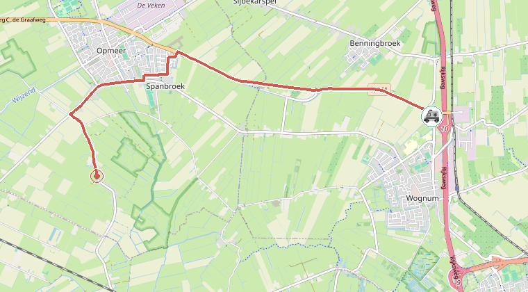 Kaart van de omgeving van de melding, met de kazerne die is gealarmeerd
