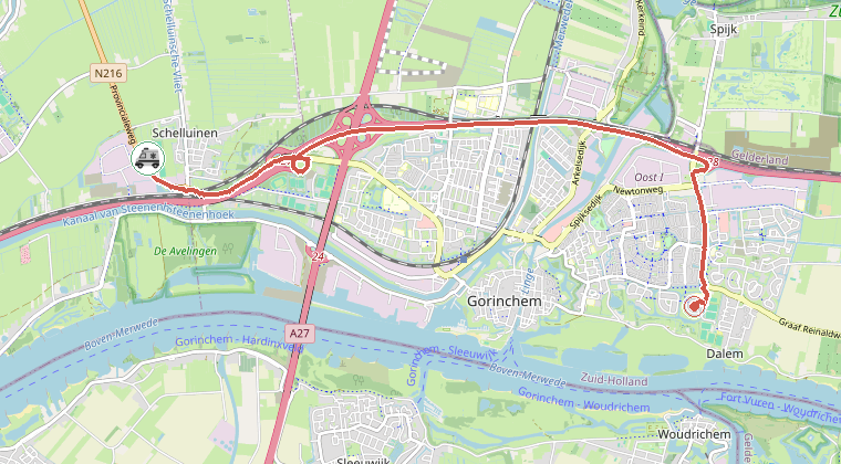Kaart van de omgeving van de melding, met de kazerne die is gealarmeerd
