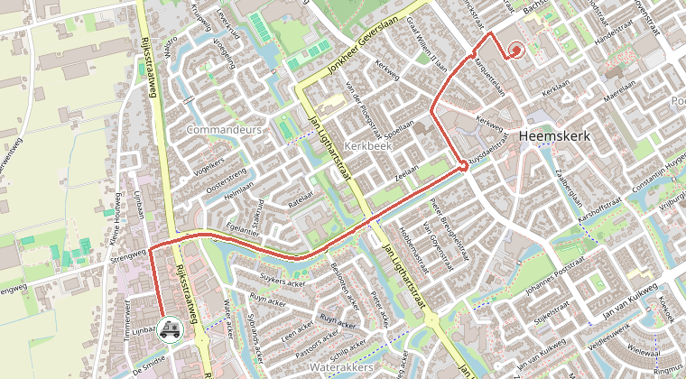 Kaart van de omgeving van de melding, met de kazerne die is gealarmeerd