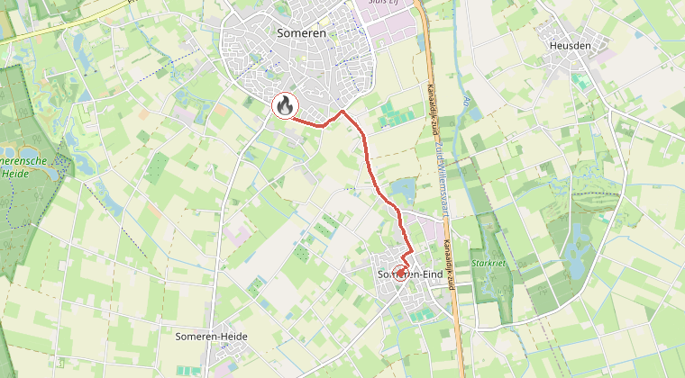 Kaart van de omgeving van de melding, met de kazerne die is gealarmeerd