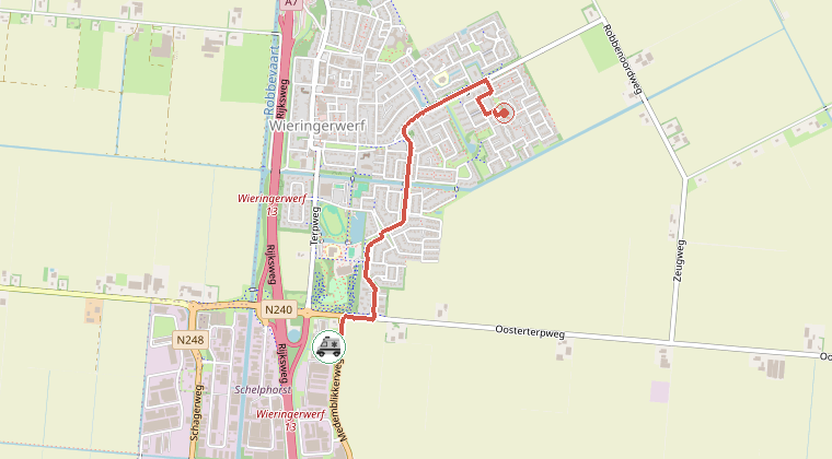 Kaart van de omgeving van de melding, met de kazerne die is gealarmeerd