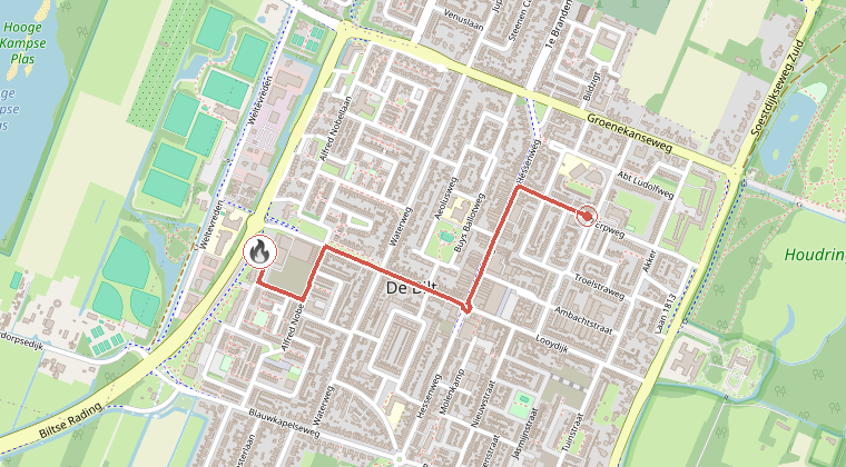 Kaart van de omgeving van de melding, met de kazerne die is gealarmeerd